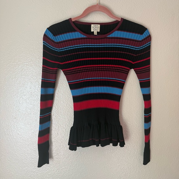 Torn by Ronny Kobo Black Ribbed Striped Long-Sleeve Top with Peplum